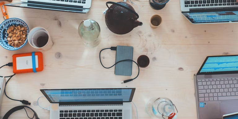 Top-down image of people working